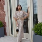 Mandira Curtis pre-stitched / draped sari with feather detailed cape and embellishments.