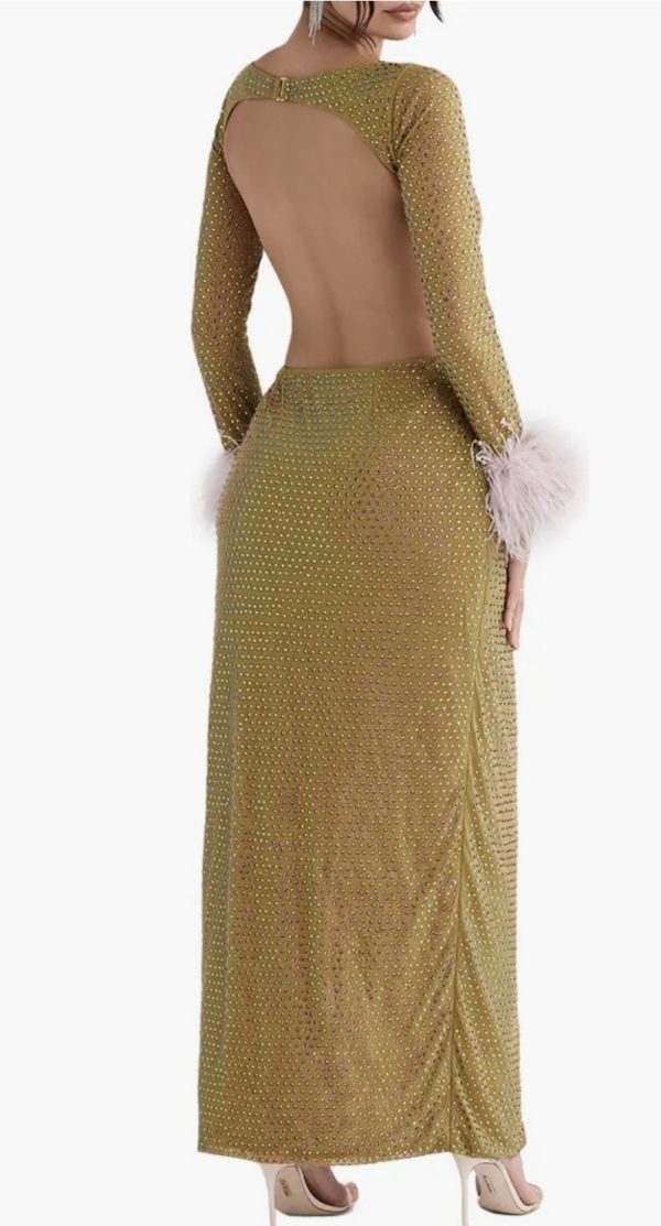 HOUSE OF CB Gina Rhinestone Feather Trim Long Sleeve Cutout Cocktail Dress