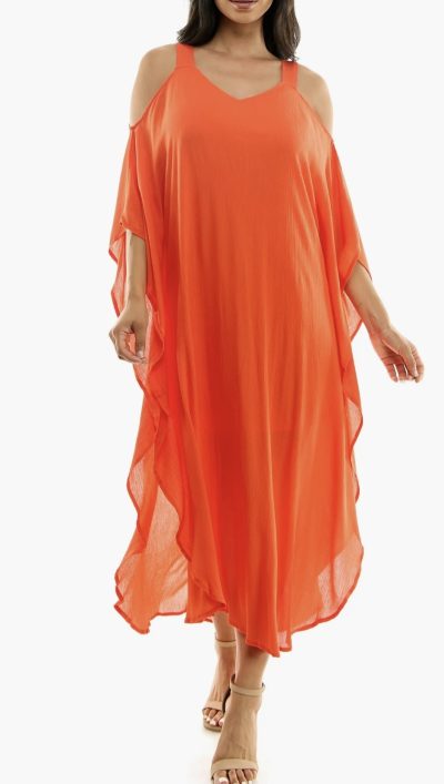 Orange gauze long sleeve cold shoulder dress