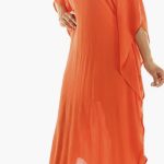 Orange gauze long sleeve cold shoulder dress