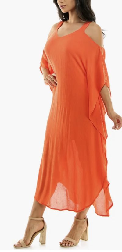 Orange gauze long sleeve cold shoulder dress