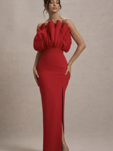 Kai statement gown. Red ruffled strapless split maxi dress large