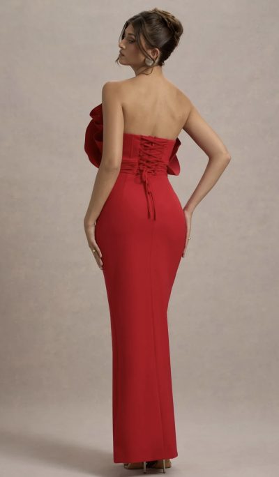 Kai statement gown. Red ruffled strapless split maxi dress large