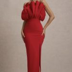 Kai statement gown. Red ruffled strapless split maxi dress