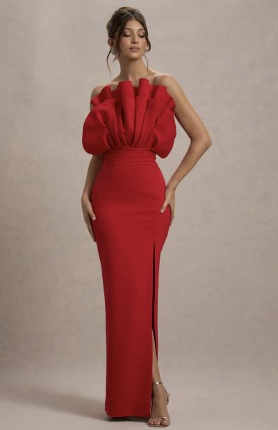 Kai statement gown. Red ruffled strapless split maxi dress large