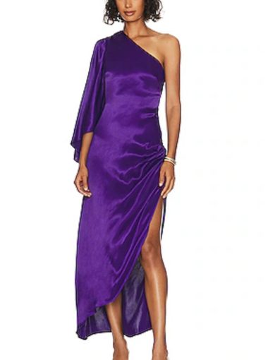 L'Academie Deep Purple One-Shoulder Midi Dress