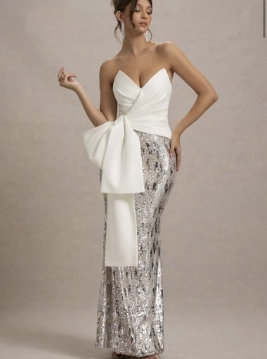 ECRU STRAPLESS DRAPED MAXI DRESS WITH SEQUIN SKIRT