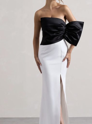 Envision | Black & White Asymmetric One-Sleeve Split Maxi Dress