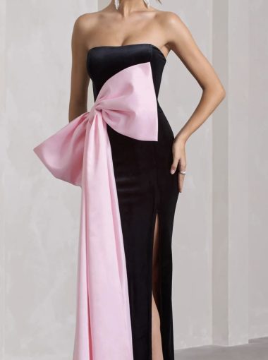 BLACK VELVET BANDEAU SPLIT MAXI DRESS WITH OVERSIZED PINK BOW