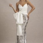 ECRU STRAPLESS DRAPED MAXI DRESS WITH SEQUIN SKIRT