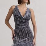 Feather embellished velvet cocktail dress 