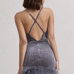 Feather embellished velvet cocktail dress 