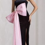 BLACK VELVET BANDEAU SPLIT MAXI DRESS WITH OVERSIZED PINK BOW