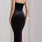 BLACK VELVET BANDEAU SPLIT MAXI DRESS WITH OVERSIZED PINK BOW
