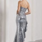 Silver strapless ruffle cocktail dress Large