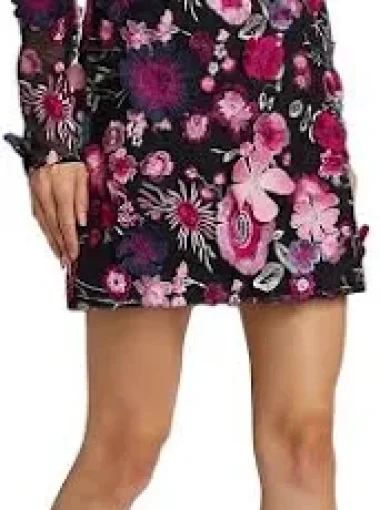 Monique Lhuillier Long-Sleeve Floral-Embroidered Minidress