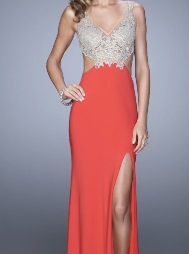 Coral long prom embellished gown