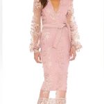 ZHIVAGO Beaded Parade Dress Blush Pink Lace Long Sleeve Midi 
