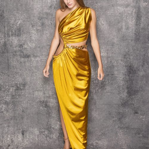 gold exposed midriff chain dress