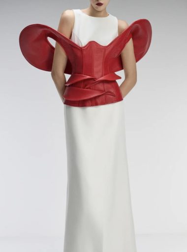 Couture Sleeveless Maxi Dress With Detachable Corset in Red-White
