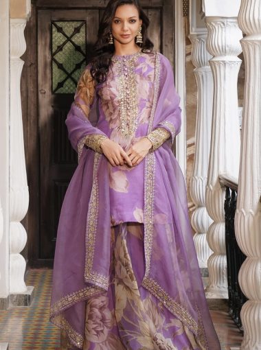 Purple Organza Sequins, Embroidery Round Neck Floral Pattern Kurta Sharara Set