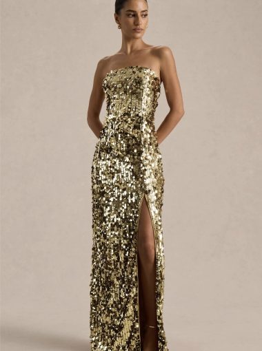 Neena gold sequin bandeau gown with slit