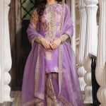 Purple Organza Sequins, Embroidery Round Neck Floral Pattern Kurta Sharara Set