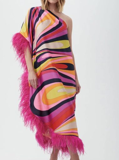 zapata feather colorblock kaftan resort cocktail midi