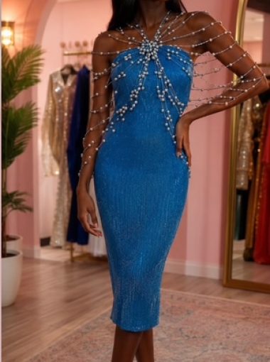 Pearl shawl blue dress