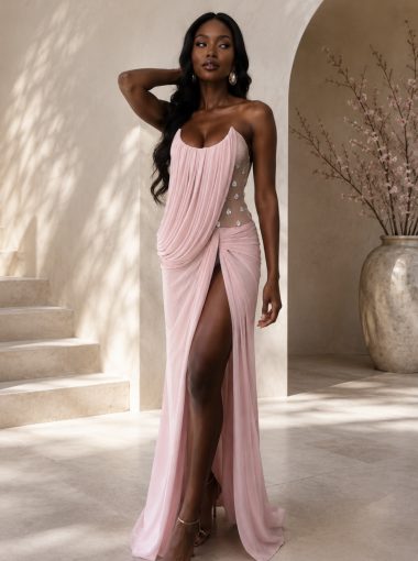 Soft pink draped embellished maxi gown