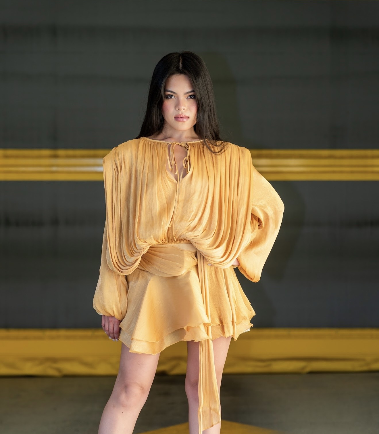 Goldie gold draped mini dress