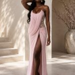 Soft pink draped embellished maxi gown
