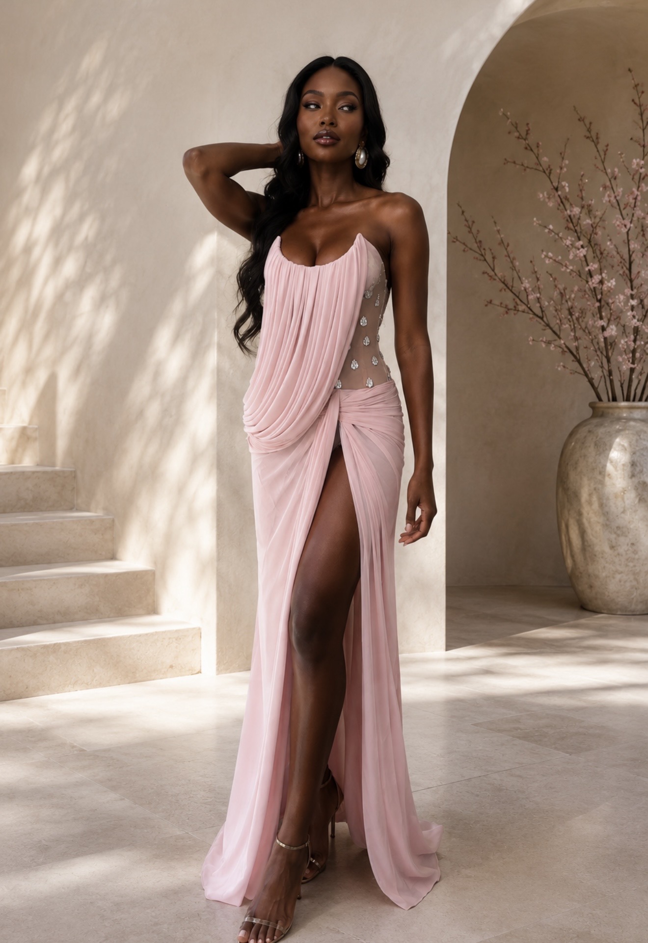 Soft pink draped embellished maxi gown