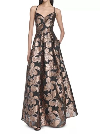 Eliza Metallic gold black floral gown dress