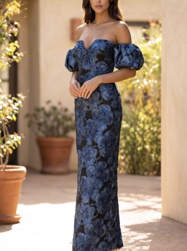 Off Shoulder Puff Sleeve Floral Jacquard Gown