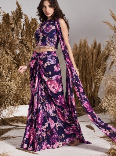 Charu Parashar Purple Floral Halter Top with Skirt